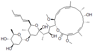 结构式 CAS# 108375-77-5, (3E,5Z,7R,8S,9S,11Z,13Z,15S,16R)-16-[(3R,4S)-4-[(2R,4R,5S,6R)-4-[(2S,4R,5S,6R)-4,5-二羟基-6-甲基四氢吡喃-2-基]氧基-2-羟基-5-甲基-6-[(1E,3E)-戊-1,3-二烯基]四氢吡喃-2-基]-3-羟基戊烷-2-基]-8-羟基-3,15-二甲氧基-5,7,9,11-四甲基-1-氧杂环十六碳-3,5,11,13-四烯-2-酮