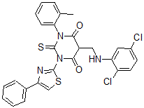 CAS#: 139356-80-2， 5-[[(2,5-Dichlorophenyl)Amino]Methyl]-1-(2-Methylphenyl)-3-(4-Phenyl-1,3-Thiazol-2-Yl)-2-Sulfanylidene-1,3-Diazinane-4,6-Dione
