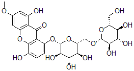 CAS#: 143986-29-2， 1,5-Dihydroxy-3-Methoxy-8-[(2S,3R,4S,5S,6R)-3,4,5-Trihydroxy-6-[[(2R,3R,4S,5S,6R)-3,4,5-Trihydroxy-6-(Hydroxymethyl)Oxan-2-Yl]Oxymethyl]Oxan-2-Yl]Oxyxanthen-9-One