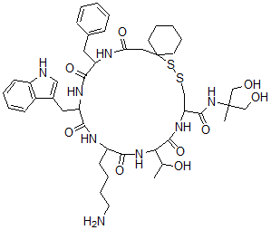 CAS 登录号：150747-52-7， 16-(4-氨基丁基)-N-(1,3-二羟基-2-甲基丙烷-2-基)-13-(1-羟基乙基)-19-(1H-吲哚-3-基甲基)-12,15,18,21,24-五氧代-22-(苯基甲基)-7,8-二硫杂-11,14,17,20,23-五氮杂螺[5.19]二十五烷-10-甲酰胺
