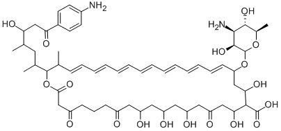 CAS 登录号：39372-30-0， (23E,25E,27E,29E,31E,33E,35E)-22-(4-氨基-3,5-二羟基-6-甲基四氢吡喃-2-基)氧基-38-[7-(4-氨基苯基)-5-羟基-4-甲基-7-氧代庚烷-2-基]-10,12,14,18,20-五羟基-37-甲基-2,4,8,16-四氧代-1-氧杂环三十八碳-23,25,27,29,31,33,35-七烯-19-羧酸