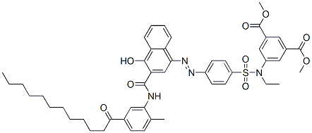 CAS 登录号：60033-54-7， 5-[乙基[[4-[[4-羟基-3-[[[2-甲基-5-(1-氧代十二烷基)苯基]氨基]羰基]-1-萘基]偶氮]苯基]磺酰基]氨基]间苯二甲酸二甲酯