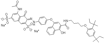 CAS 登录号:63059-47-2, 5-(乙酰氨基)-3-((4-((3-(((4-(2,4-二(1,1-二甲基丙基)苯氧基)丁基)氨基)羰基)-4-羟基-1-萘基)氧基)苯基)偶氮)-4-羟基-2,7-萘二磺酸二钠盐