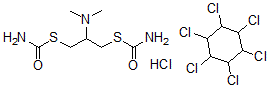 CAS#: 72907-72-3， Carbamothioic acid S,S'-(2-(dimethylamino)-1,3-propanediyl) ester, monohydrochloride, mixt. with (1alpha,2alpha,3beta,4alpha,5alpha,6beta)-1,2,3,4,5,6-hexachlorocyclohexane