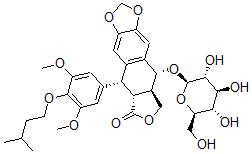 CAS#: 73839-74-4， (5R,5aR,8aR,9R)-5-(4-Isopentyloxy-3,5-Dimethoxy-Phenyl)-9-[(2R,3R,4S,5S,6R)-3,4,5-Trihydroxy-6-(Hydroxymethyl)Tetrahydropyran-2-Yl]Oxy-5a,8,8a,9-Tetrahydro-5H-Isobenzofurano[5,6-f][1,3]Benzodioxol-6-One