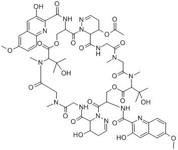 CAS#: 76149-24-1， (7S,16S,17S,27S,36S,37S,3R,23R)-1,8,11,14,20,21,28,31,34,40-Decaaza-3,23-Bis[(3-Hydroxy-6-Methoxy(2-Quinolyl))Carbonylamino]-7,27-Bis(1-Hydroxy-Isopropyl)-37-Hydroxy-8,11,28,31-Tetramethyl-5,25-Dioxa-2,6,9,12,15,22,26,29,32,35-Decaoxotricyclo[34.4.0.0<16,21>]Tetraconta-19,39-Dien-17-Yl Acetate