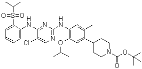 4-[4-[[5-Chloro-4-[[2-[(propan-2-yl)sulfonyl]phenyl]amino]pyrimidin-2-yl]amino]-5-isopropoxy-2-methylphenyl]piperidine-1-carboxylic acid tert-butyl ester molecular structure (CAS 1032903-64-2)