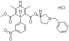structure of CAS# 104757-53-1, Barnidipine hydrochloride;(+)-(3'S,4S)-1-Benzyl-3-pyrrolidinyl methyl 1,4-dihydro-2,6-dimethyl-4-(3-nitrophenyl)-3,5-pyridinedicarboxylate hydrochloride