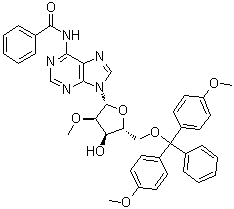 structure of CAS# 110764-72-2, N-Benzoyl-5'-O-[bis(4-methoxyphenyl)phenylmethyl]-2'-O-methyladenosine;N-[9-[(2R,3R,4R,5R)-5-[[bis(4-methoxyphenyl)-phenylmethoxy]methyl]-4-hydroxy-3-methoxyoxolan-2-yl]purin-6-yl]benzamide