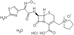 结构式 CAS# 123171-59-5, 头孢吡肟盐酸盐; 盐酸头孢吡肟; (6R,7R)-7-[(Z)-2-(2-氨基-4-噻唑基)-2-甲氧亚胺]乙酰胺基-3-[1-(1-甲基吡咯烷基)甲基]-8-氧-5-硫杂-1-氮杂双环[4.2.0]辛-2-烯-2-羧酸盐酸盐一水合物