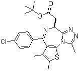 structure of CAS# 1268524-70-4, (+)-JQ-1;(S)-(+)-tert-Butyl 2-(4-(4-chlorophenyl)-2,3,9-trimethyl-6H-thieno[3,2-f][1,2,4]triazolo[4,3-a][1,4]diazepin-6-yl)acetate