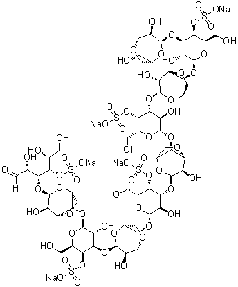 O-3,6-脱水-alpha-D-吡喃半乳糖基-(1→3)-O-4-O-磺基-beta-D-吡喃半乳糖基-(1→4)-O-3,6-脱水-alpha-D-吡喃半乳糖基-(1→3)-O-4-O-磺基-beta-D-吡喃半乳糖基-(1→4)-O-3,6-脱水-alpha-D-吡喃半乳糖基-(1→3)-O-4-O-磺基-beta-D-吡喃半乳糖基-(1→4)-O-3,6-脱水-alpha-D-吡喃半乳糖基-(1→3)-O-4-O-磺基-beta-D-吡喃半乳糖基-(1→4)-O-3,6-脱水-alpha-D-吡喃半乳糖基-(1→3)-D-半乳糖 4-(硫酸氢酯)五钠盐分子结构 (CAS 133628-75-8)