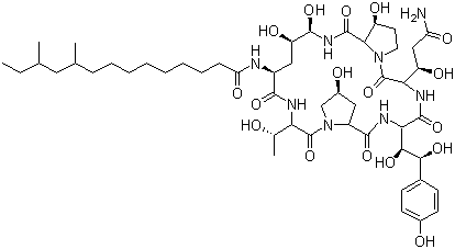 structure of CAS# 135575-42-7, Pneumocandin B0;(10R,12S)-N-[(3S,6S,9S,11R,15S,18S,20R,21R,24S,25S)-3-[(1R)-3-amino-1-hydroxy-3-oxopropyl]-6-[(1S,2S)-1,2-dihydroxy-2-(4-hydroxyphenyl)ethyl]-11,20,21,25-tetrahydroxy-15-[(1R)-1-hydroxyethyl]-2,5,8,14,17,23-hexaoxo-1,4,7,13,16,22-hexazatricyclo[22.3.0.09,13]heptacosan-18-yl]-10,12-dimethyltetradecanamide