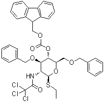 Ethyl 2-deoxy-3,6-bis-O-(phenylmethyl)-1-thio-2-[(2,2,2-trichloroacetyl)amino]-beta-D-glucopyranoside 4-(9H-fluoren-9-ylmethyl carbonate) molecular structure (CAS 1416144-22-3)