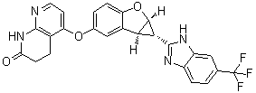 rel-5-[[(1R,1aS,6bR)-1a,6b-Dihydro-1-[6-(trifluoromethyl)-1H-benzimidazol-2-yl]-1H-cyclopropa[b]benzofuran-5-yl]oxy]-3,4-dihydro-1,8-naphthyridin-2(1H)-one molecular structure (CAS 1446090-77-2)