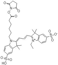 2-[3-[1-[6-[(2,5-Dioxo-1-pyrrolidinyl)oxy]-6-oxohexyl]-1,3-dihydro-3,3-dimethyl-5-sulfo-2H-indol-2-ylidene]-1-propen-1-yl]-1-ethyl-3,3-dimethyl-5-sulfo-3H-indolium inner salt molecular structure (CAS 146368-16-3)