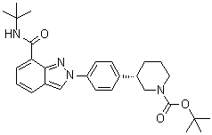 (3S)-3-[4-[7-[[(1,1-Dimethylethyl)amino]carbonyl]-2H-indazol-2-yl]phenyl]-1-piperidinecarboxylic acid 1,1-dimethylethyl ester molecular structure (CAS 1476776-84-7)