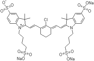 3,3-Dimethyl-2-[2-[2-chloro-3-[2-[1,3-dihydro-3,3-dimethyl-5-sulfo-1-(4-sulfobutyl)-2H-indol-2-ylidene]ethylidene]-1-cyclohexen-1-yl]ethenyl]-5-sulfo-1-(4-sulfobutyl)-3H-indolium inner salt trisodium salt molecular structure (CAS 162093-39-2)
