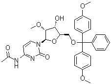 structure of CAS# 199593-08-3, N-Acetyl-5'-O-[bis(4-methoxyphenyl)phenylmethyl]-2'-O-methylcytidine;N-[1-[(2R,3R,4R,5R)-5-[[bis(4-methoxyphenyl)-phenylmethoxy]methyl]-4-hydroxy-3-methoxyoxolan-2-yl]-2-oxopyrimidin-4-yl]acetamide