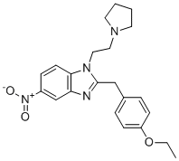 structure of CAS# 2785346-75-8, N-Pyrrolidino etonitazene;2-[(4-ethoxyphenyl)methyl]-5-nitro-1-(2-pyrrolidin-1-ylethyl)benzimidazole