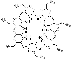 structure of CAS# 30754-24-6, Per-6-amino-6-deoxy-beta-cyclodextrin;6A,6B,6C,6D,6E,6F,6G-Heptaamino-6A,6B,6C,6D,6E,6F,6G-heptadeoxy-beta-cyclodextrin; Heptakis(6-amino-6-deoxy)-beta-cyclodextrin; Heptakis-6-amino-beta-cyclodextrin