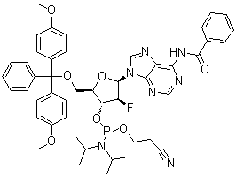 N-[9-[5-O-[Bis(4-methoxyphenyl)phenylmethyl]-3-O-[[bis(1-methylethyl)amino](2-cyanoethoxy)phosphino]-2-deoxy-2-fluoro-beta-D-arabinofuranosyl]-9H-purin-6-yl]benzamide molecular structure (CAS 329187-86-2)
