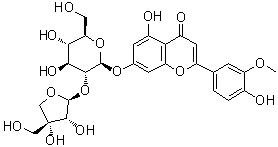 structure of CAS# 33579-63-4, Graveobioside B;7-[(2-O-D-Apio-beta-D-furanosyl-beta-D-glucopyranosyl)oxy]-5-hydroxy-2-(4-hydroxy-3-methoxyphenyl)-4H-1-benzopyran-4-one; Chrysoeriol 7-O-apiosylglucoside; Chrysoeriol 7-apiosylglucoside