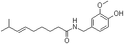 structure of CAS# 404-86-4, Capsaicin;(E)-N-[(4-Hydroxy-3-methoxyphenyl)methyl]-8-methyl-6-nonenamide; 8-Methyl-N-vanillyl-6-nonenamide; (E)-8-Methyl-N-vanillyl-6-nonenamide