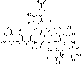 O-6-Deoxy-alpha-L-galactopyranosyl-(1→2)-O-beta-D-galactopyranosyl-(1→3)-O-[6-deoxy-alpha-L-galactopyranosyl-(1→4)]-O-2-(acetylamino)-2-deoxy-beta-D-glucopyranosyl-(1→3)-O-[O-beta-D-galactopyranosyl-(1→4)-2-(acetylamino)-2-deoxy-beta-D-glucopyranosyl-(1→6)]-O-beta-D-galactopyranosyl-(1→4)-D-glucose molecular structure (CAS 443361-17-9)