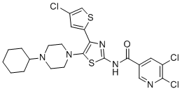 structure of CAS# 570403-04-2, 5,6-Dichloro-N-(4-(4-chlorothiophen-2-yl)-5-(4-cyclohexylpiperazin-1-yl)thiazol-2-yl)nicotinamide