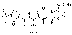 结构式 CAS# 59798-30-0, 美洛西林钠; 3,3-二甲基-6-[(R)-2-[3-(甲磺酰)-2-氧代-1-咪唑烷甲酰氨基]-2-苯乙酰氨基]-7-氧代-4-硫杂-1-氮杂双环[3.2.0]-庚烷-2-甲酸钠
