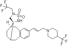 结构式 CAS# 623165-93-5, MRK 003; (3'R,6S,9R)-5,6,7,8,9,10-六氢-5'-(2,2,2-三氟乙基)-2-[(1E)-3-[4-(三氟甲基)-1-哌啶基]-1-丙烯-1-基]螺[6,9-亚甲基苯并环辛烯e-11,3'-[1,2,5]噻二唑烷] 1',1'-二氧化物