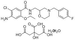 structure of CAS# 636582-62-2, Mosapride Citrate Dihydrate;4-amino-5-chloro-2-ethoxy-N-[[4-[(4-fluorophenyl)methyl]morpholin-2-yl]methyl]benzamide;2-hydroxypropane-1,2,3-tricarboxylic acid dihydrate