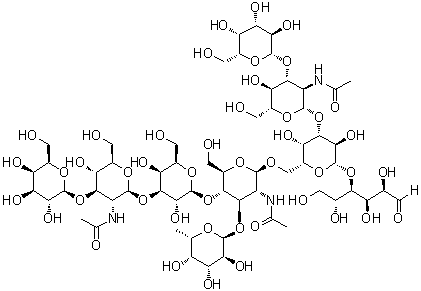 O-beta-D-吡喃半乳糖基-(1→3)-O-2-(乙酰氨基)-2-脱氧-beta-D-吡喃葡萄糖基-(1→3)-O-beta-D-吡喃半乳糖基-(1→4)-O-[6-脱氧-alpha-L-吡喃半乳糖基-(1→3)]-O-2-(乙酰氨基)-2-脱氧-beta-D-吡喃葡萄糖基-(1→6)-O-[O-beta-D-吡喃半乳糖基-(1→3)-2-(乙酰氨基)-2-脱氧-beta-D-吡喃葡萄糖基-(1→3)]-O-beta-D-吡喃半乳糖基-(1→4)-D-葡萄糖分子结构 (CAS 692776-59-3)