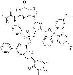 3'-O-Benzoyl-P-(4-chlorophenyl)thymidylyl-(5'→3')-5'-O-[bis(4-methoxyphenyl)phenylmethyl]-2'-deoxy-N-(2-methyl-1-oxopropyl)guanosine molecular structure (CAS 71459-57-9)