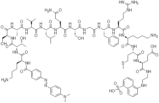 N2-[4-[[4-(Dimethylamino)phenyl]azo]benzoyl]-L-lysyl-L-threonyl-L-seryl-L-alanyl-L-valyl-L-leucyl-L-glutaminyl-L-serylglycyl-L-phenylalanyl-L-arginyl-L-lysyl-L-methionyl-N-[2-[(5-sulfo-1-naphthalenyl)amino]ethyl]-L-alpha-glutamine molecular structure (CAS 730985-86-1)