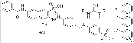 7-(Benzoylamino)-4-hydroxy-3-[2-[4-[2-(4-sulfophenyl)diazenyl]phenyl]diazenyl]-2-naphthalenesulfonic acid compds with N,N'-bis(mixed Ph and tolyl and xylyl)guanidine monohydrochloride molecular structure (CAS 73507-36-5)