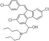 结构式 CAS# 82186-77-4, 苯芴醇; (Z)-2,7-二氯-9-[(4-氯苯基)亚甲基]-alpha-[(二正丁氨基)甲基]-9H-芴-4-甲醇
