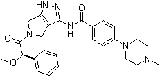 结构式 CAS# 827318-97-8, 达鲁舍替; N-[5-((2R)-2-甲氧基-2-苯基乙酰基)-1,4,5,6-四氢吡咯并[3,4-c]吡唑-3-基]-4-(4-甲基哌嗪-1-基)苯甲酰胺