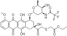 (2S-cis)-[[2-[1,2,3,4,6,11-Hexahydro-2,5,12-trihydroxy-7-methoxy-6,11-dioxo-4-[[2,3,6-trideoxy-3-[(trifluoroacetyl)amino]-alpha-L-lyxo-hexopyranosyl]oxy]-2-naphthacenyl]-2-oxoethyl]thio]acetic acid ethyl ester molecular structure (CAS 83291-71-8)