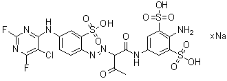 2-Amino-5-[[2-[[4-[(5-chloro-2,6-difluoro-4-pyrimidinyl)amino]-2-sulfophenyl]azo]-1,3-dioxobutyl]amino]-1,3-benzenedisulfonic acid sodium salt molecular structure (CAS 83399-90-0)