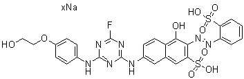 7-[[4-Fluoro-6-[[4-(2-hydroxyethoxy)phenyl]amino]-1,3,5-triazin-2-yl]amino]-4-hydroxy-3-[(2-sulfophenyl)azo]-2-naphthalenesulfonic acid sodium salt molecular structure (CAS 83763-59-1)