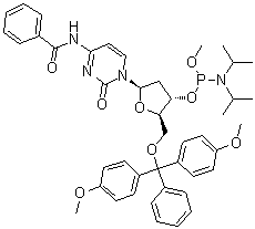 N-Benzoyl-5'-O-[bis(4-methoxyphenyl)phenylmethyl]-2'-deoxy-cytidine 3'-[methyl N,N-bis(1-methylethyl)phosphoramidite] molecular structure (CAS 84416-83-1)