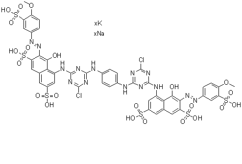 4,4'-[1,4-Phenylenebis[imino(6-chloro-1,3,5-triazine-4,2-diyl)imino]]bis[5-hydroxy-6-[(4-methoxy-3-sulfophenyl)azo]-2,7-naphthalenedisulfonic acid potassium sodium salt molecular structure (CAS 85959-06-4)