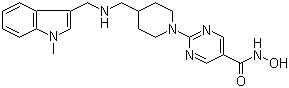 结构式 CAS# 875320-29-9, JNJ 26481585; N-羟基-2-[4-[[[(1-甲基-1H-吲哚-3-基)甲基]氨基]甲基]-1-哌啶基]-5-嘧啶甲酰胺