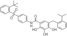 N-[4-[(2-tert-Butylphenyl)sulfonyl]phenyl]-2,3,4-trihydroxy-5-[(2-isopropylphenyl)methyl]benzamide molecular structure (CAS 877877-35-5)
