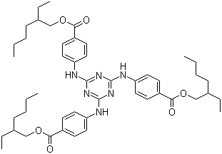 structure of CAS# 88122-99-0, Octyl triazone;4,4',4''-(1,3,5-Triazine-2,4,6-triyltriimino)trisbenzoic acid tris(2-ethylhexyl) ester; UVT-150; Uvinul T 150