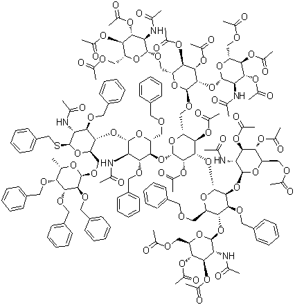 Phenylmethyl O-3,4,6-tri-O-acetyl-2-(acetylamino)-2-deoxy-beta-D-glucopyranosyl-(1→2)-O-[3,4,6-tri-O-acetyl-2-(acetylamino)-2-deoxy-beta-D-glucopyranosyl-(1→4)]-O-3,6-bis-O-(phenylmethyl)-alpha-D-mannopyranosyl-(1→3)-O-[O-3,4,6-tri-O-acetyl-2-(acetylamino)-2-deoxy-beta-D-glucopyranosyl-(1→2)-O-[3,4,6-tri-O-acetyl-2-(acetylamino)-2-deoxy-beta-D-glucopyranosyl-(1→6)]-3,4-di-O-acetyl-alpha-D-mannopyranosyl-(1→6)]-O-2,4-di-O-acetyl-beta-D-mannopyranosyl-(1→4)-O-2-(acetylamino)-2-deoxy-3,6-bis-O-(phenylmethyl)-beta-D-glucopyranosyl-(1→4)-O-[6-deoxy-2,3,4-tris-O-(phenylmethyl)-alpha-L-galactopyranosyl-(1→6)]-2-(acetylamino)-2-deoxy-3-O-(phenylmethyl)-1-thio-beta-D-glucopyranoside molecular structure (CAS 946076-10-4)