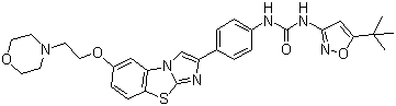 structure of CAS# 950769-58-1, AC-220;N-(5-tert-Butylisoxazol-3-yl)-N'-{4-[7-(2-morpholin-4-ylethoxy)imidazo[2,1-b][1,3]benzothiazol-2-yl]phenyl}urea