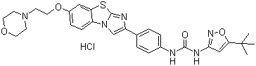 N-[5-(1,1-Dimethylethyl)-3-isoxazolyl]-N'-[4-[7-[2-(4-morpholinyl)ethoxy]imidazo[2,1-b]benzothiazol-2-yl]phenyl]urea hydrochloride molecular structure (CAS 950769-62-7)